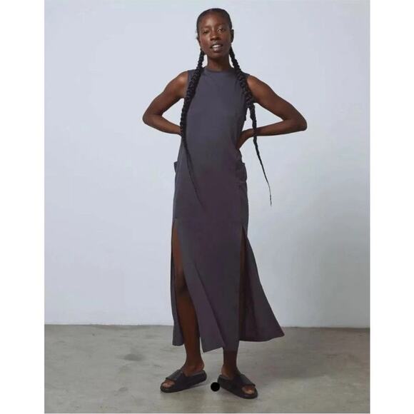 Lunya Cool Maxi Dress Meditative Grey Sleeveless Slit Pockets XS NWOT Designer - Picture 2 of 10
